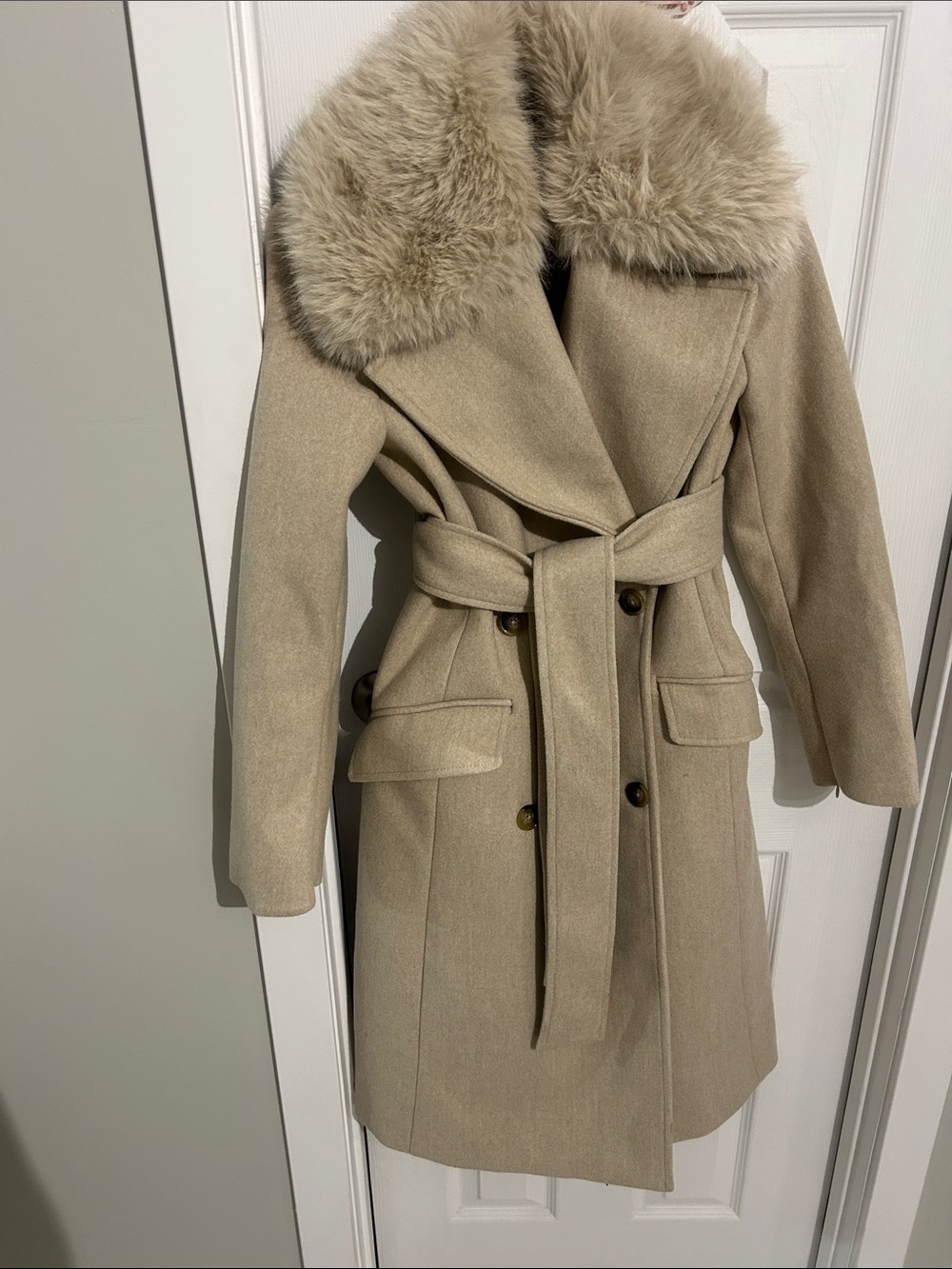 Banana Republic Beige Wool-Blend Trench Coat with Faux Fur Collar